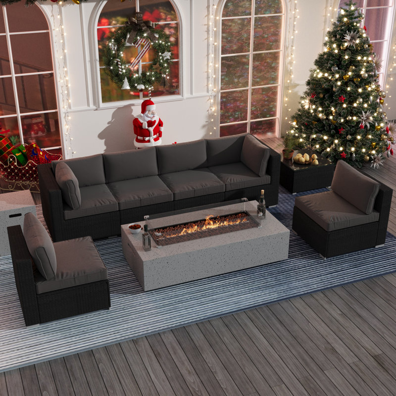6 - Person Outdoor Seating Group with Cushions and Fire Pit Table, Dark Gray/Black
