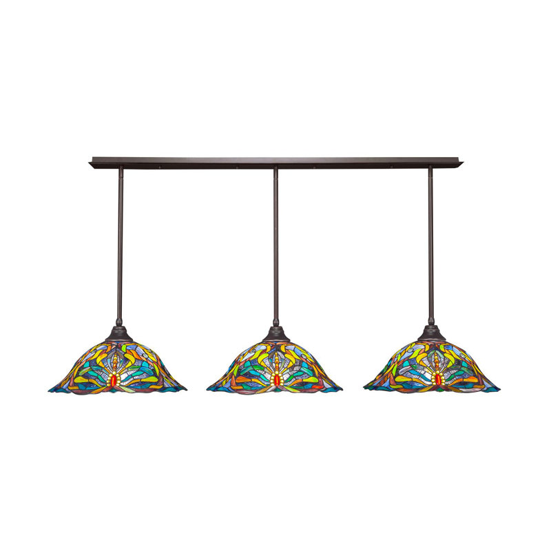 Luminaire suspendu linéaire sur pied 3 lumières avec verre d'art kaléidoscope 19 ", Granit foncé