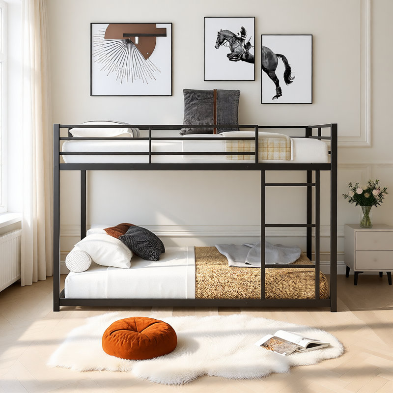 Metal Bunk Bed, Low Bunk Bed with Ladder, Black, Twin Over Twin