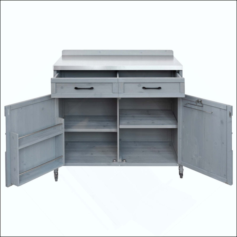 Îlot de cuisine extérieur avec plateau en acier inoxydable, armoire de cuisine avec un grand tiroir, tablettes réglables, supports de rangement internes et 4 roulettes pour la préparation de pizzas