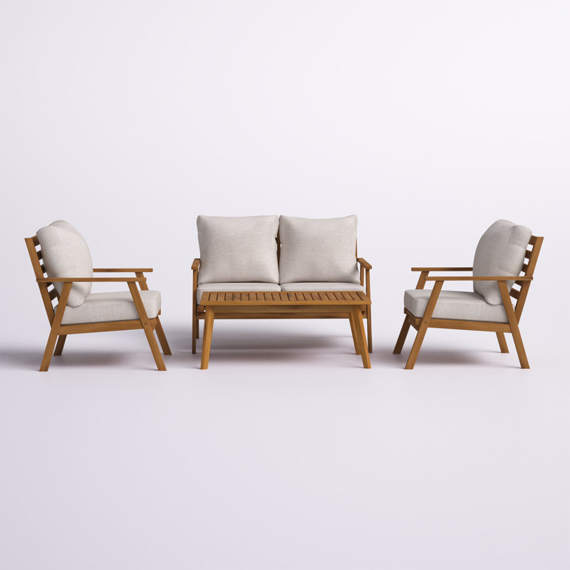 Acacia 4 - Person Patio Conversation Set with Cushions, Natural Frame/Light Gray Cushion