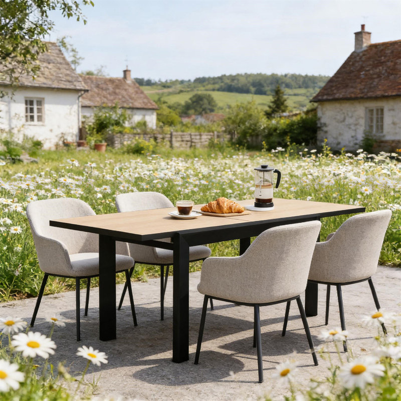 Table de salle à manger d'extérieur de style moderne, table d'extérieur extensible, table de salle à manger élégante à lattes (table seulement)