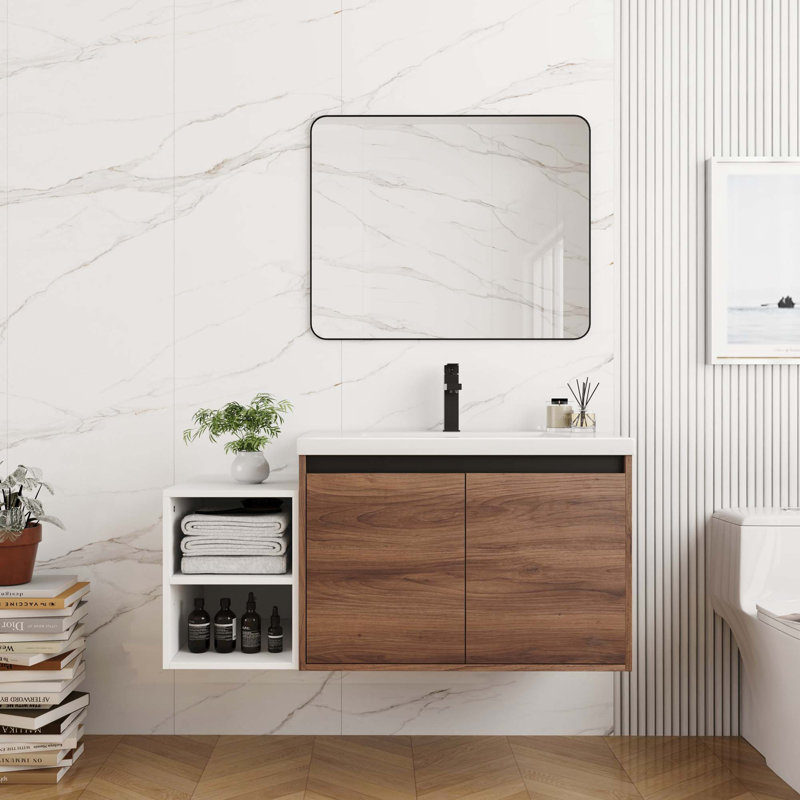 Meuble-lavabo mural peu encombrant avec lavabo en résine intégré et rangement modulaire, 42"