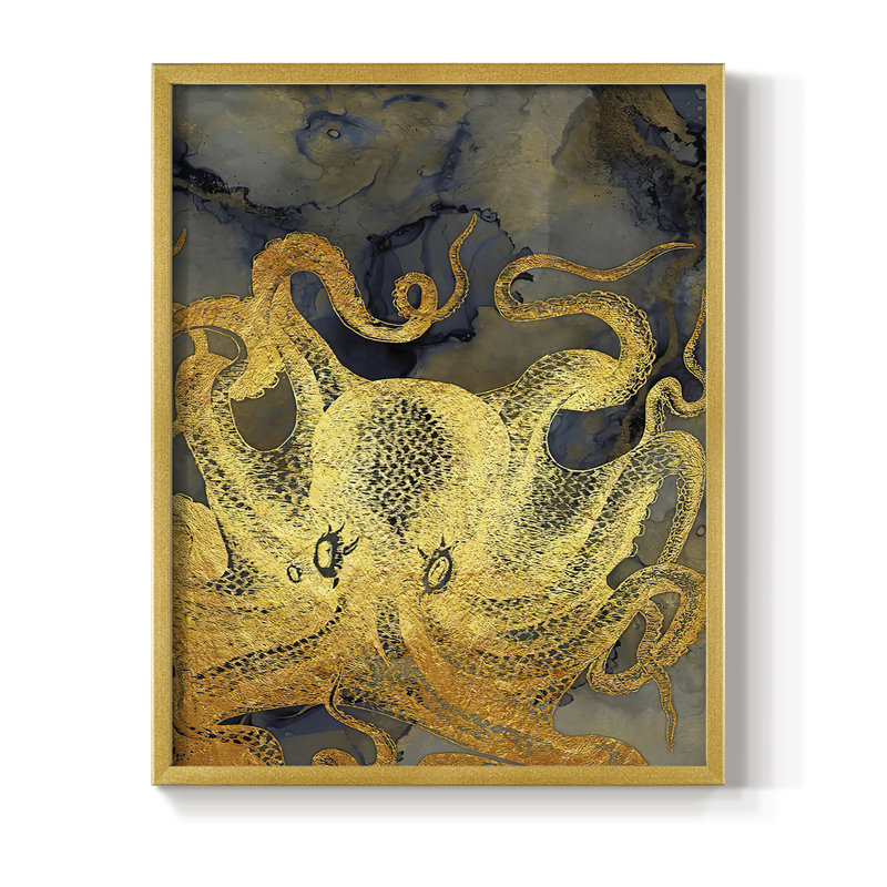 Encre de pieuvre dorée et bleue II, reproduction encadrée - bois massif, H 14 po x l 11 po