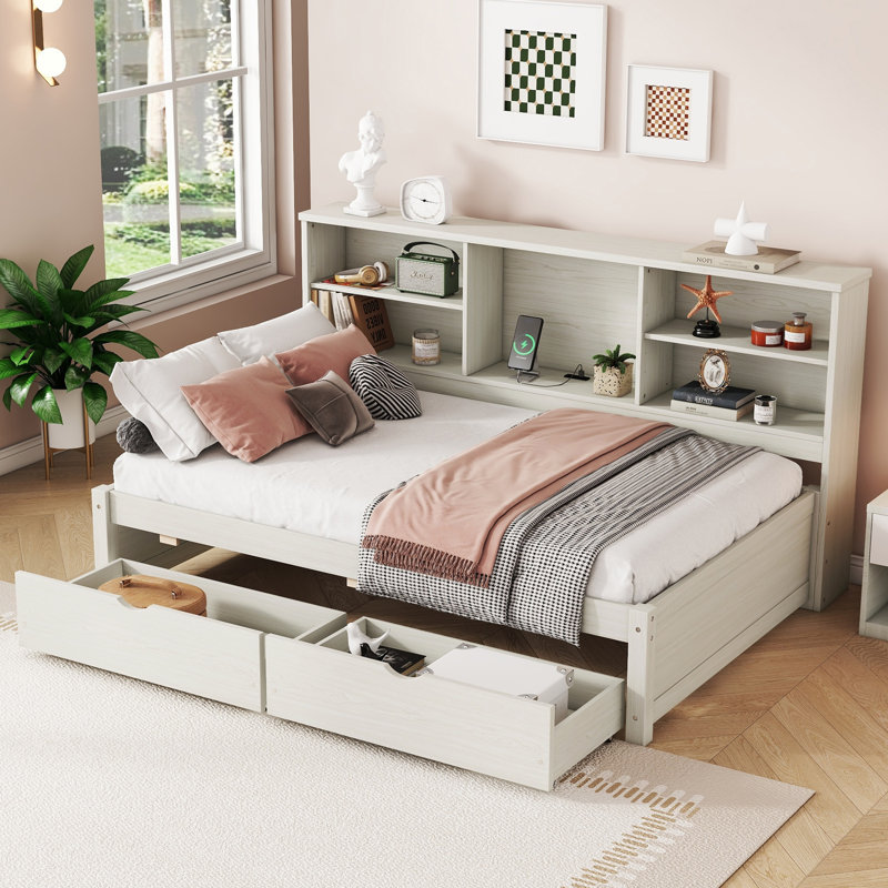 Structure de lit simple avec tablettes latérales, 2 tiroirs et port USB intégré - blanc crème, Blanc crémeux