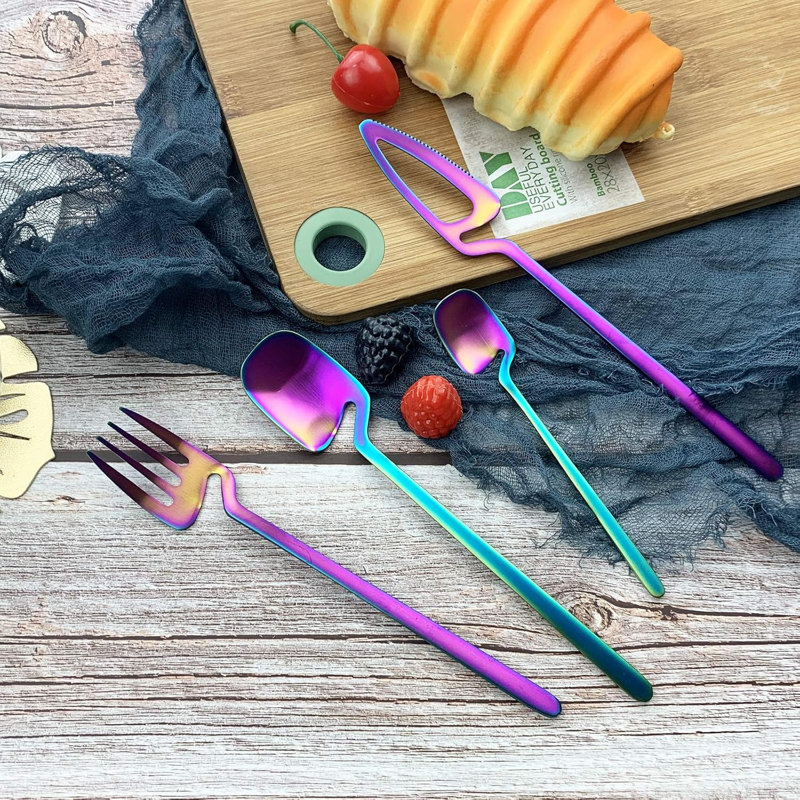 Ensemble de couverts 24 pièces en acier inoxydable, finition bleu mat satiné, service pour 6, Mauve / bleu