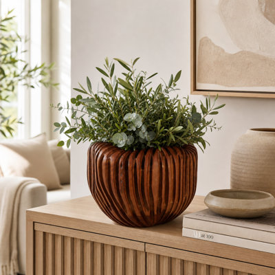 Vase de table sculptural rond sculpté en bois de teck pour décoration intérieure