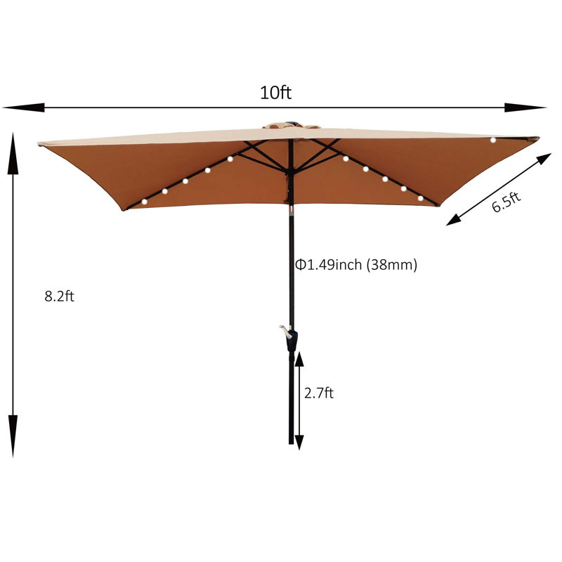 Parasol d'extérieur à DEL solaire 10 x 6,5T avec manivelle et bouton poussoir inclinable pour la cour, Brun