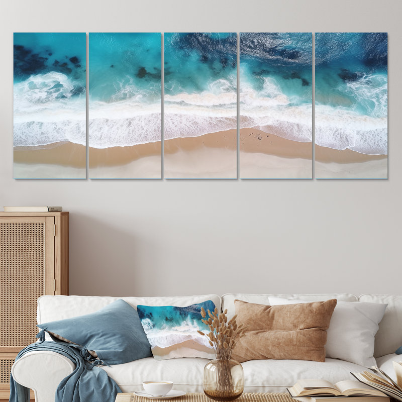 Vagues blanches et bleues vue aérienne II - Plage côtière, 5 pièces, H 28 po x l 60 po