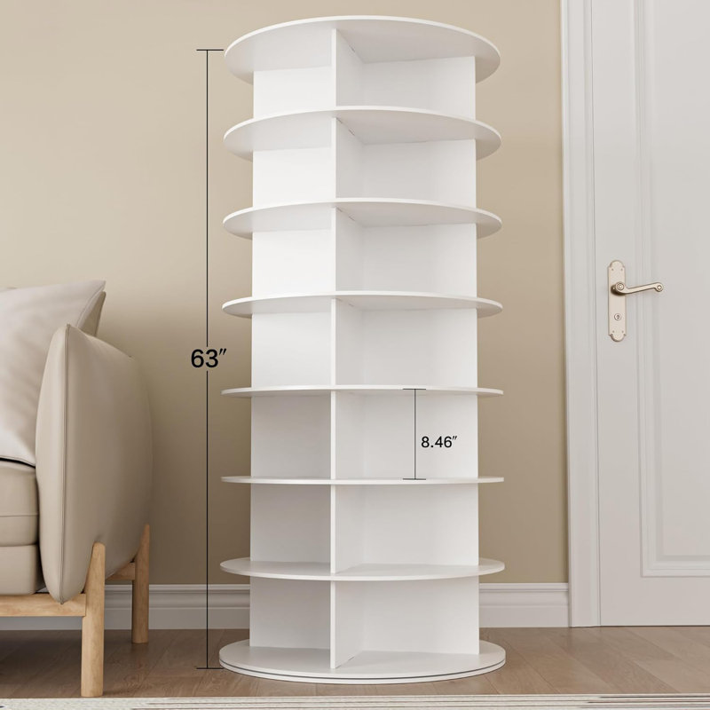 Wood Rotating Shoe Rack Tower 7 Tier Organizer, Vertical Spinning Shoe Display Lazy Susan, Revolving 360 White Shoe Rack Storage