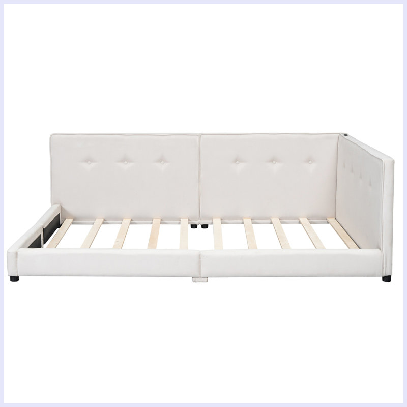 Modern Upholstered Platform bed with USB Ports, Beige, Full/Double