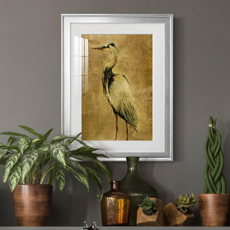 «Gold Crane at Dusk II», peinture sur toile encadrée, H 18,5 po x l 24,5 po x P 1,5 po, Argent