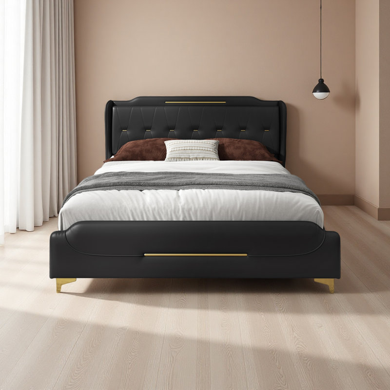 Leather Bed Frame With Wingback Headboard & Footboard,Solid Wooden Slats Support, Black, King