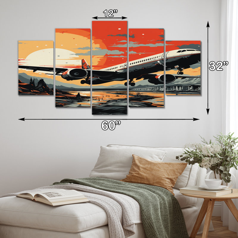  «Orange Sunset Overs The Plane Flight - Décoration murale transport - 5 panneaux