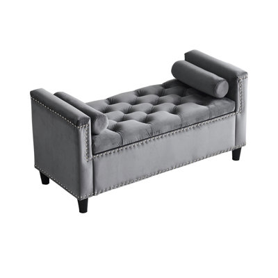 Storage Bench, 44.5-Inch Queen Velvet Button Bedside Bench, Entryway Living Room with Armrests, Nailhead Trim, Upholstered Bedroom Bench, Bedside Ottoman, Living Room, Entryway