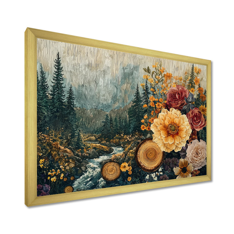 Fleurs d'automne d'automne sur une glissade en bois - Bouquets assortis, H 30 po x l 40 po, Cadre simple, Gold