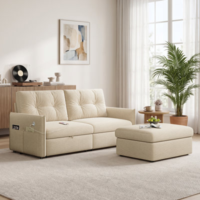 69.7" Corduroy Convertible Sleeper Sofa, 3-in-1 Pull Out Sofa Bed with Ottoman & Storage, Multi-Functional Sectional Futon with USB Charging Ports for Living Room Small Spaces
