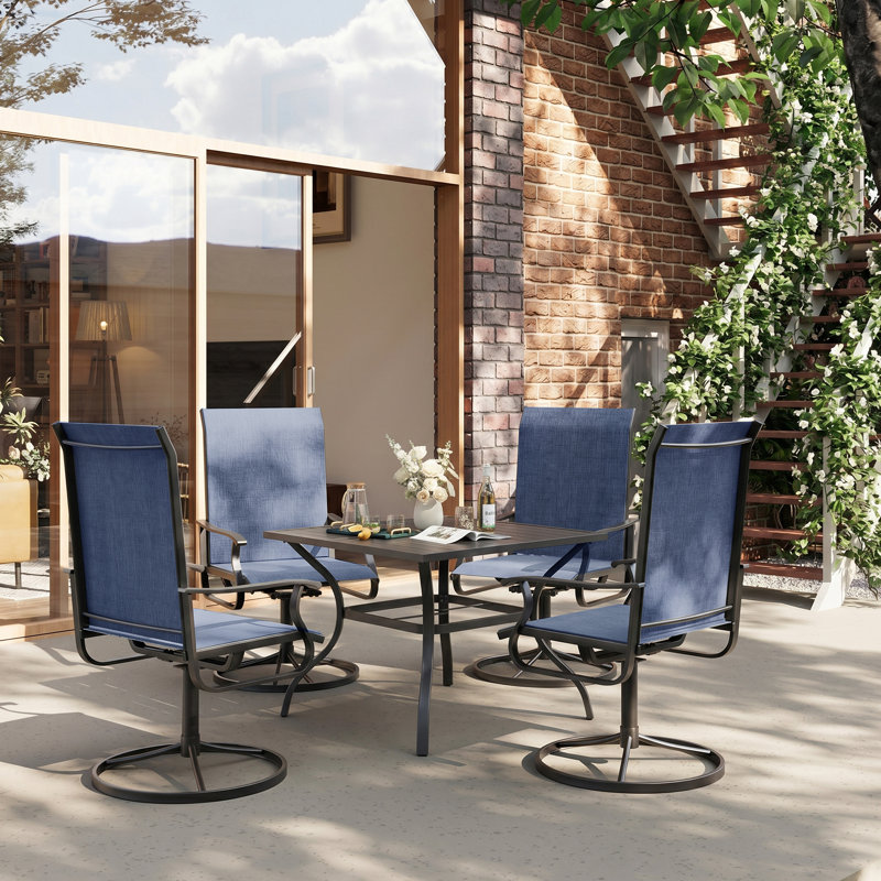 Ensemble de salle à manger de patio pour 4 personnes avec trou pour parasol, fauteuils pivotants à 360 ° avec structure en textilène et structure en acier thermolaqué, table et chaises de salle à manger d'extérieur pour patio, cour, terrasse et bord de piscine