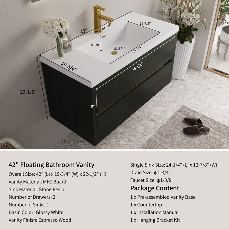 Meuble-lavabo mural de 42 pouces avec comptoir et lavabo en pierre reconstituée, armoire en bois expresso, 2 tiroirs, L 42 po