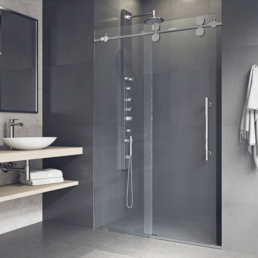 Elan 68-72" W x 74" H Sliding Frameless Shower Door with 3/8" Clear Glass VIGO Finish: Chrome