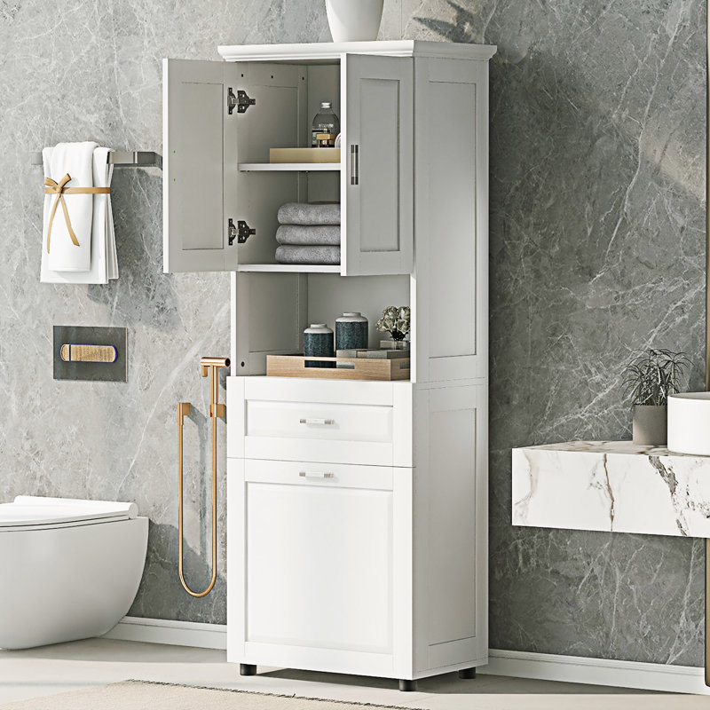 Tall Bathroom Storage Cabinet With Laundry Basket, White