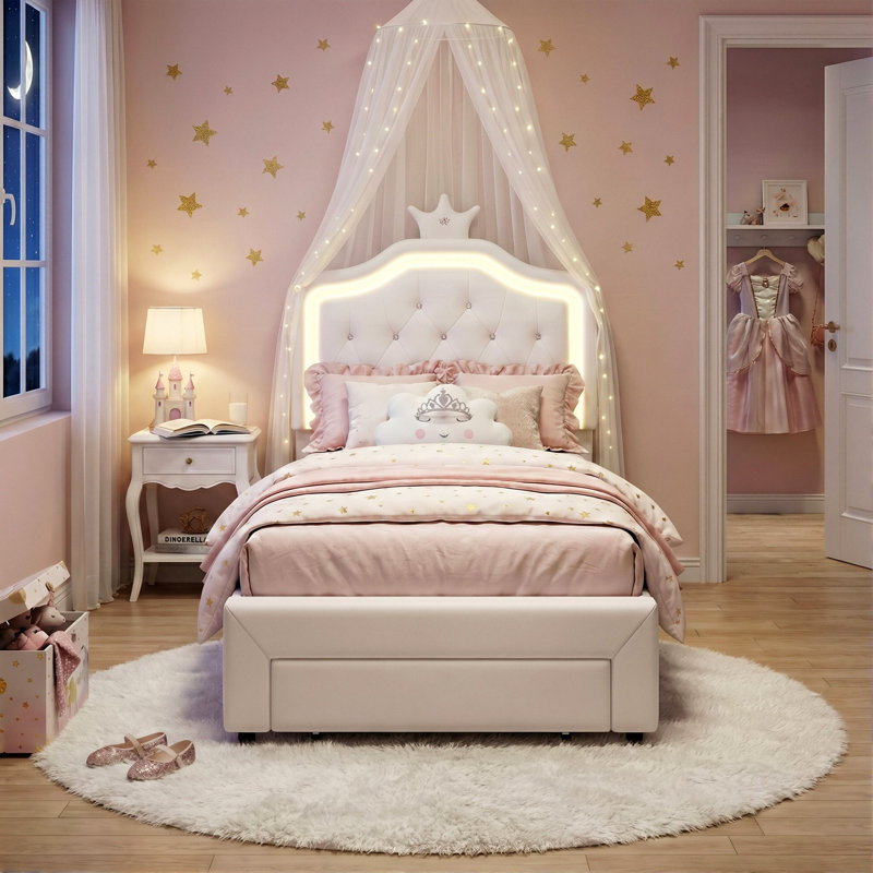 UK Single Princess Bed With LED Crown Headboard & Storage Drawer, Pink & White Faux Leather, White