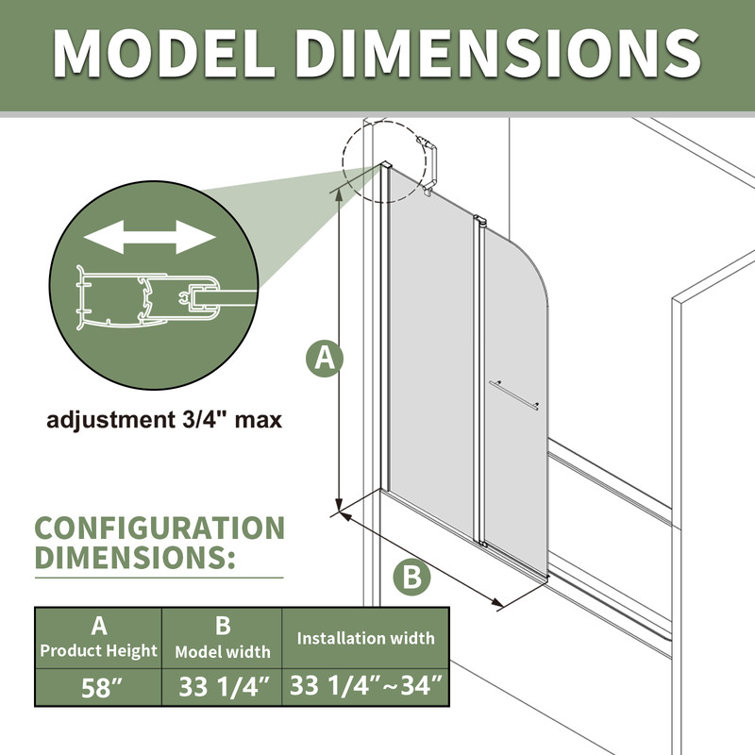 33'' - W x 58'' H Door Semi-Frameless Tub Door with