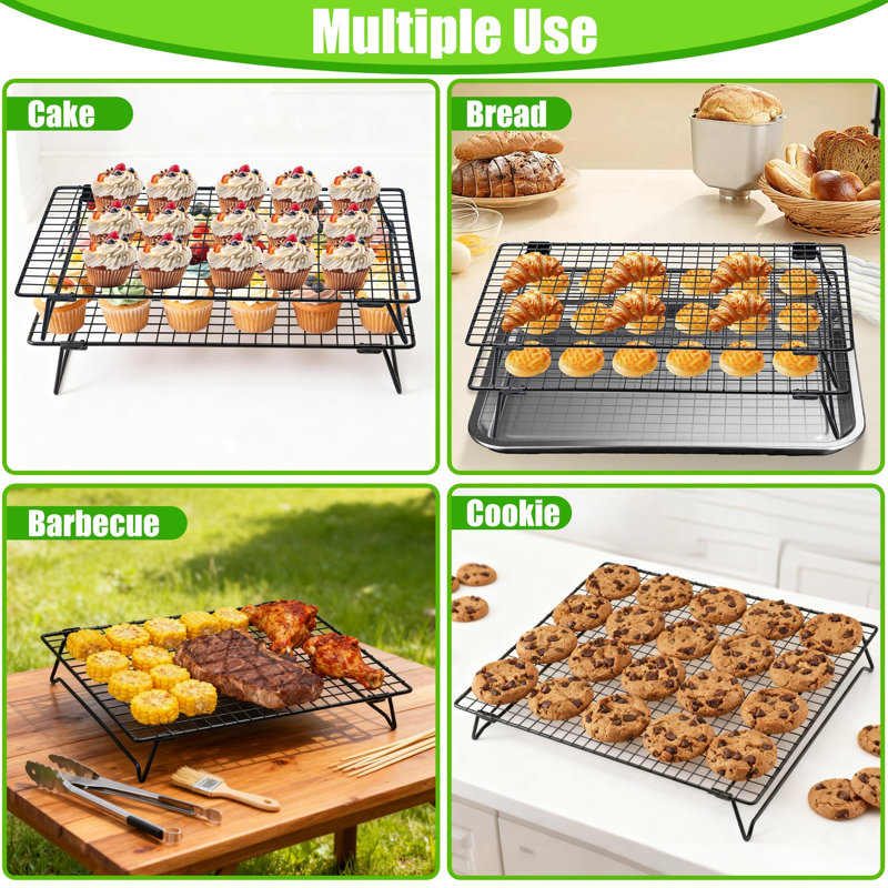 Grille de refroidissement empilable pour la cuisson et la cuisson, paquet de 2 grilles de refroidissement avec pieds pliables pour refroidir les biscuits, gâteaux, pizzas, rôtir, griller, sécher (13,4 po x 9,3 po)