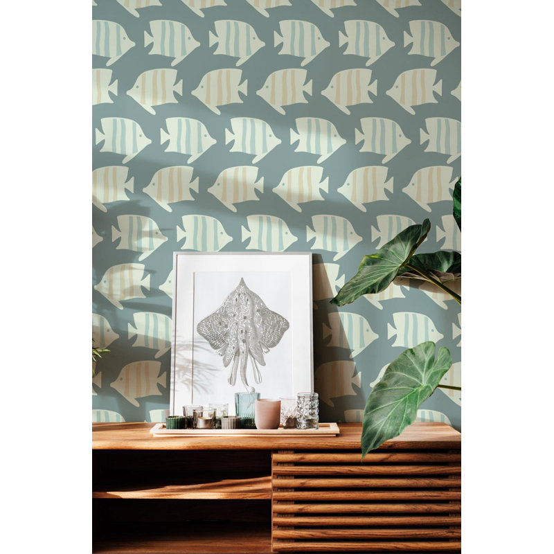Coastal Fish - Wallpaper, Green, Faux Grasscloth