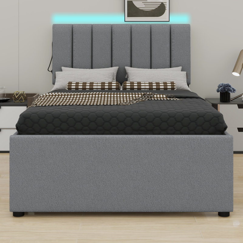 Lit plateforme tapissier avec lit gigogne, Gris