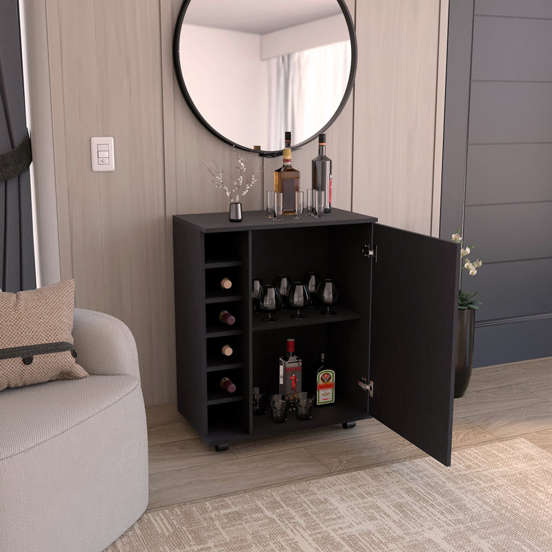 Chariot-bar Wick avec rangement intégré pour le vin, armoire spacieuse et roulettes lisses, Noir
