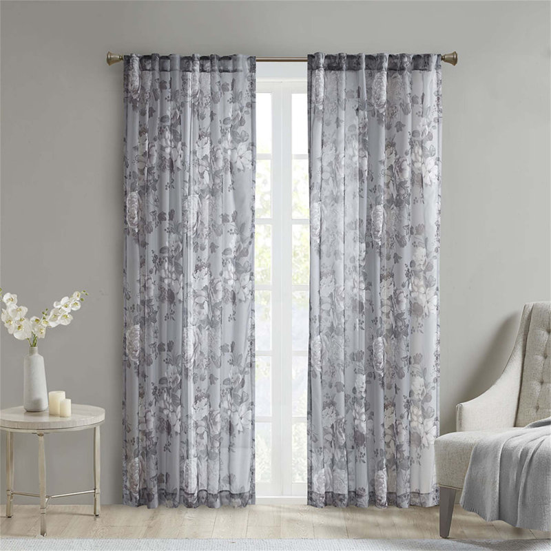 Polyester Printed Floral Rod Pocket And Back Tab Voile Sheer Curtain, Gris, L 50 po x L 95 po