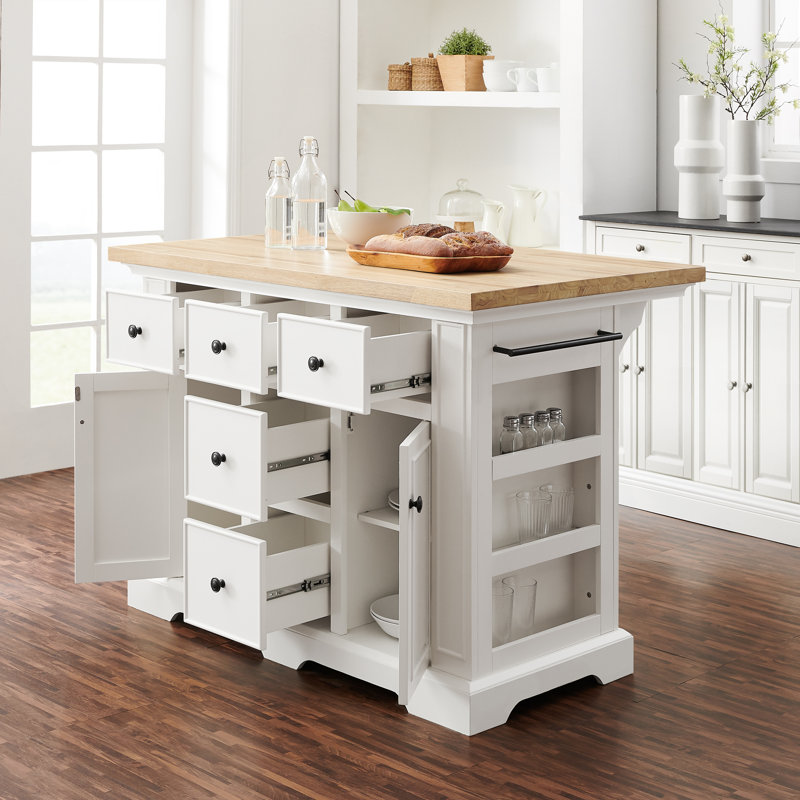 Diamondback Solid Wood Top Kitchen Island with Spice Rack, Natural Wood, White