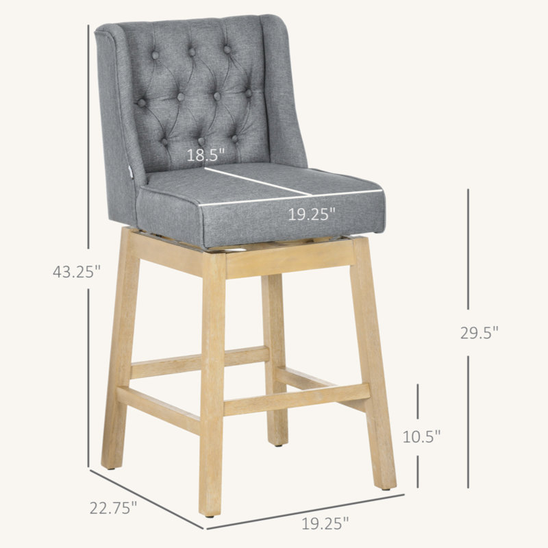 Bar Height Bar Stools Set Of 2, 180 Degree Swivel Barstools, 30" Seat Height Bar Chairs With Solid Wood Footres And Button Tufted Design, Grey