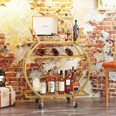 Bar Trolley 2 Tier Rolling Home Service Trolley With Wine Rack And Wheels, Modern Metal Round Wine Trolley, Industrial Mobile Storage Kitchen Trolley by Mercer41