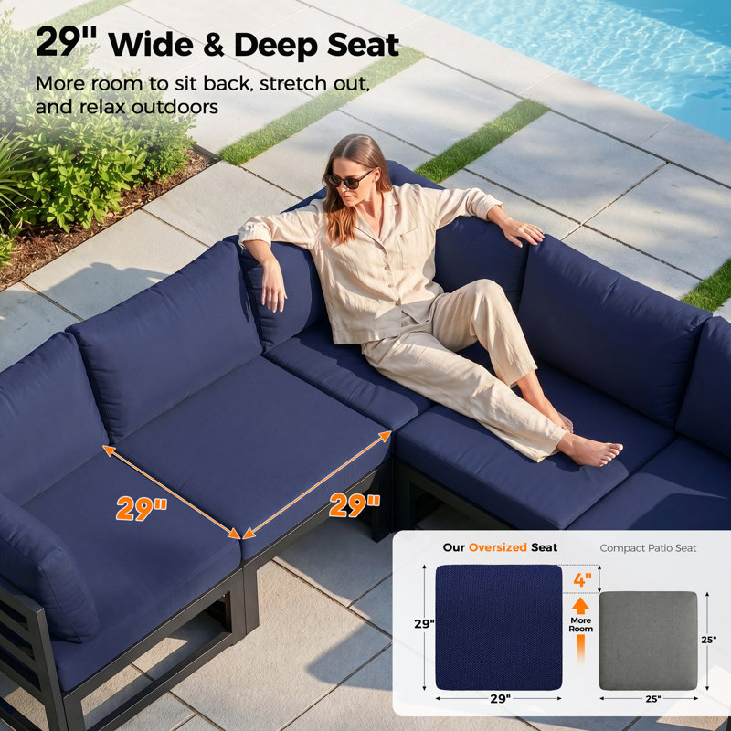 Anevaeh 8-Person Outdoor Patio All-Aluminum Sectional Conversation Set with Fire Pit Table and Cushions, Gray, Navy Blue