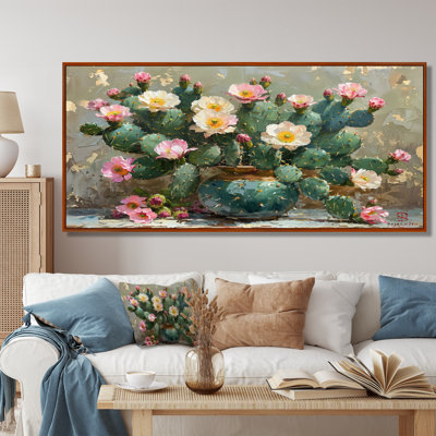 Green Pink Flowering Cactus Glow III - Floral Cactus Wall Art