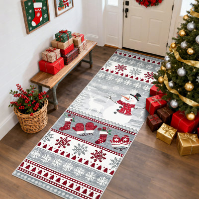 Tapis de Noël bonhomme de neige et flocons de neige, surface en velours perlé, poils courts et envers antidérapant