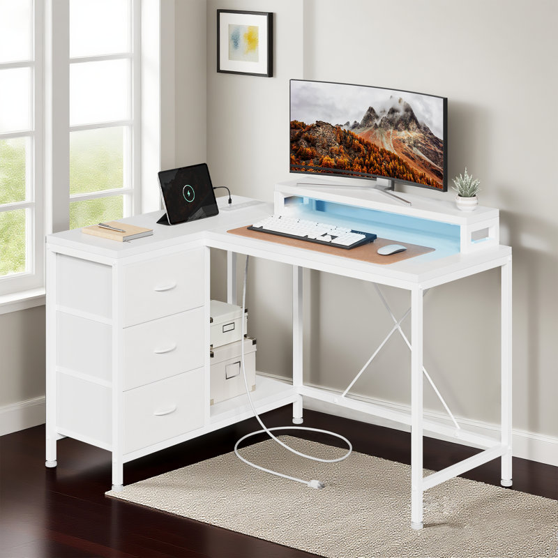 Bureau en L avec prises de courant et lumières DEL - Bureau d'ordinateur d'angle avec tiroirs et tablettes, White