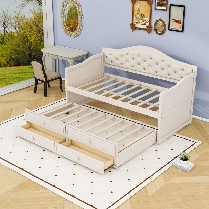 Twin Daybed with Upholstered Button-Tufted Backrest,Twin Trundle and Storage Drawers, Beige