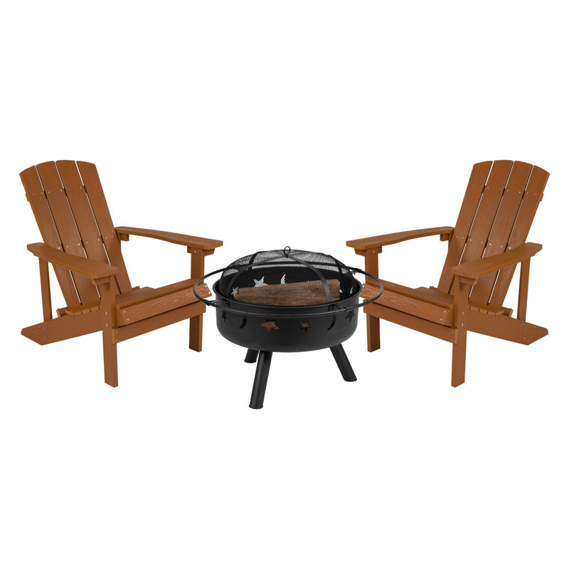 Foyer étoile et lune avec housse en filet et 2 chaises Adirondack en résine de polyester, Teck