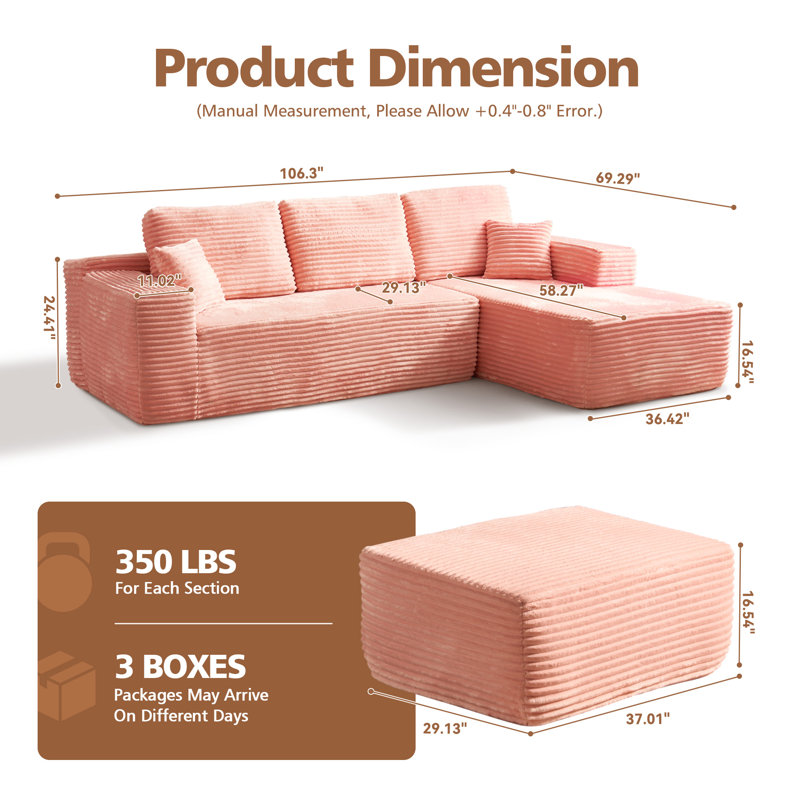 Canapé modulaire en forme de L avec repose-pieds Walsh Boneless, Orienté à droite