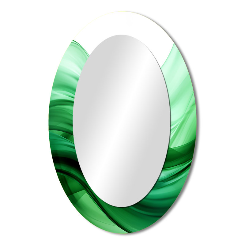 Green And White Fractal Waves III - Abstract Oval Decorative Mirror On Metal, 36" x 24"