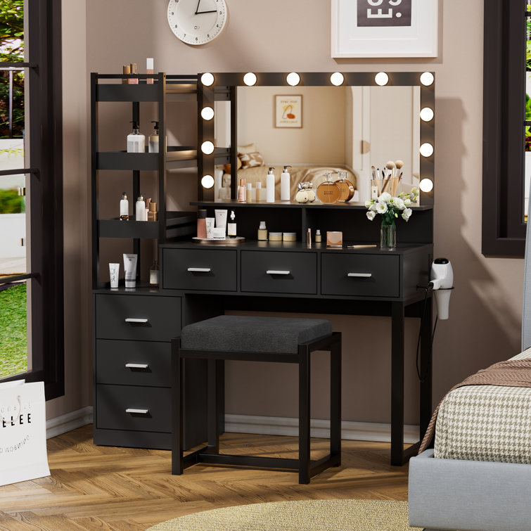 Latitude Run® Kimbereley Makeup Vanity with 3-Color Dimmable Lighted  Mirror, Side Storage Shelf & 4 Drawers & Reviews