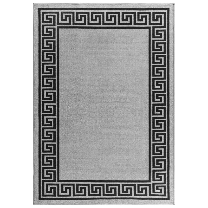 Greek-Key Grey Black Non-Slip Polypropylene Area Rug — Washable Door Mat & Hallway Runner for Living Room, Kitchen & Bedroom