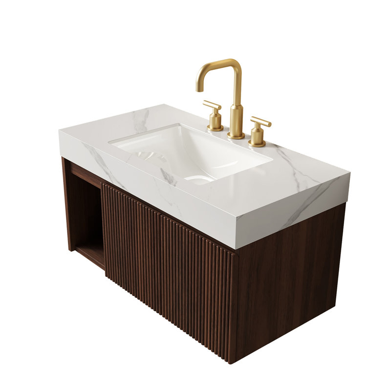 Meuble-lavabo suspendu EIDEN de 36 po avec dessus en pierre frittée, lavabo encastré en céramique et armoire en contreplaqué de noyer - Fini blanc Carrara (robinet et drain non inclus)