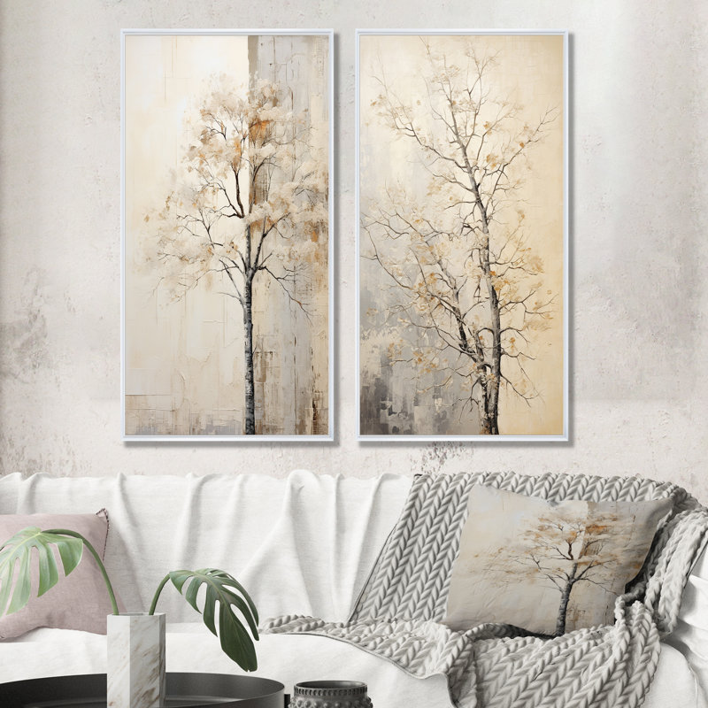 «Beige Trees Oak Solitude», ensemble de 2 impressions sur toile de chêne, H 28 po x l 25 po, Cadre flottant blanc