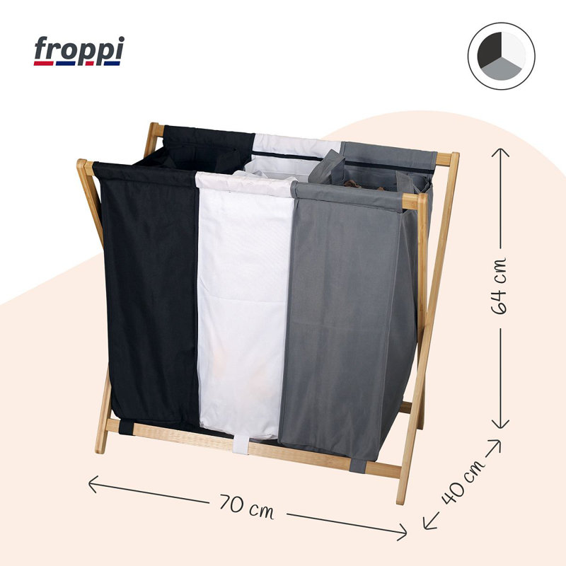 Froppi Collapsible Laundry Basket with Large Washing Hamper with 3 Compartments L70 W40 H64 cm