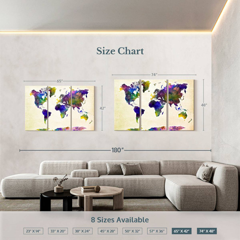 Aliaz Purple Hues World Map, 42" H x 65" W