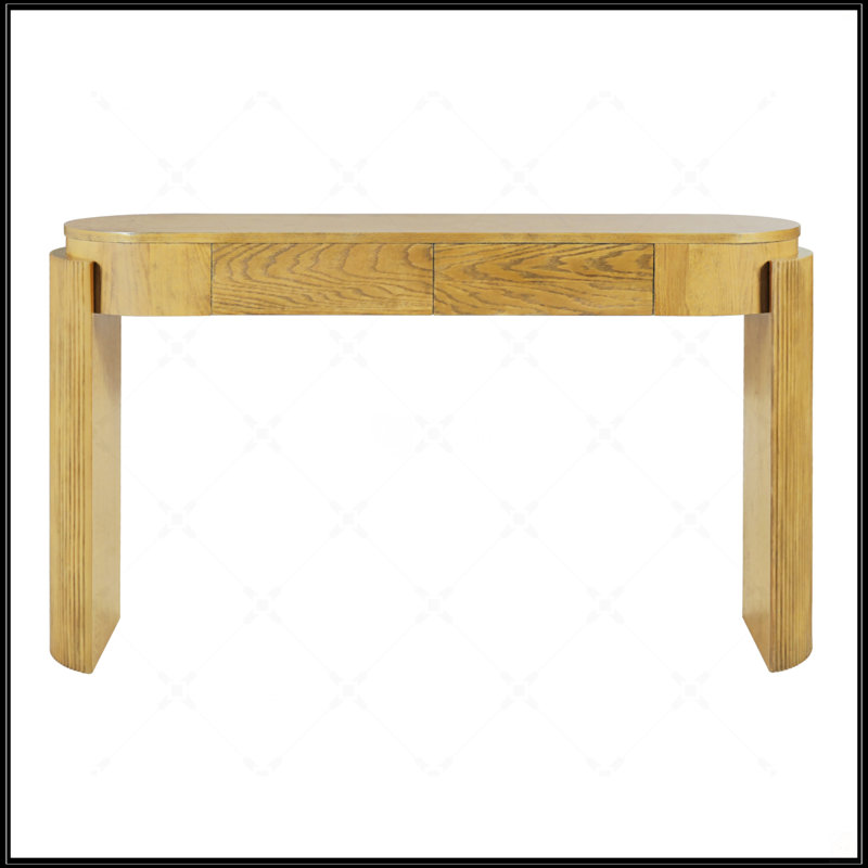 Natural Wood Grain Entryway Table With Fluted Legs, Oval Top And 2 Drawers For Stylish Storage And Display, Pine Wood